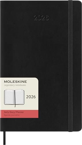 Moleskine Tagesplaner, Tageskalender 2026 12 Monate, Mit Weichem Einband und Elastischem Verschluss, Großformat 13x21, Farbe Schwarz