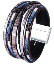 Viwind Lederarmband Damen Boho Multilayer Leder Wrap Armbänder 19 cm Korn Perlen Wickelarmband Geflochtenes Lederarmband Magnetverschluss (Schwarz)