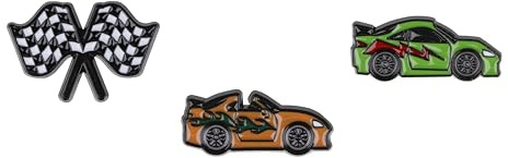 Racer Themed Gift Set Collection Of 3 Pin Badges Including An Orange Convertable Fast Car, Waving Chequered Flags And A Fast Green Car