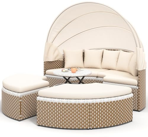 Generisch Garten-Lounge-Sessel-Set, Sonneninsel, Rattan-Gartentisch Und Stühle-Set, Muschel-Garten-Lounge-Sessel-Bett, Ausziehbares Baldachin, Anhebbare Tischplatte, Beige