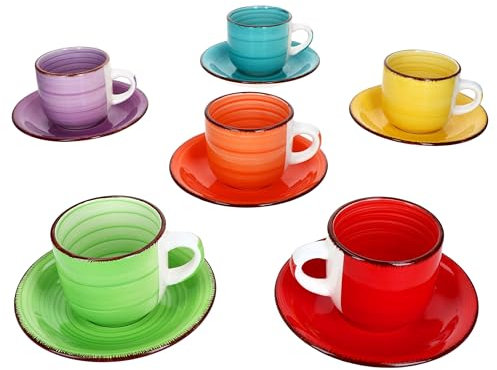 MamboCat 6er Set Uni bunt Cappuccinotassen mit Untertassen I 200 ml I große bunte Tassen + Untertasse aus Steingut für 6 Personen mit verschiedenen Farben & Strudel-Dekor
