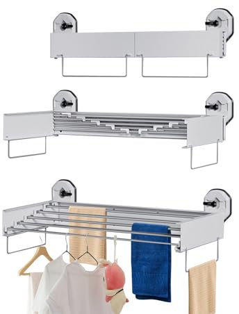 GDWD Wäscheständer mit Saugnapf, 50x25cm Klappbar Ausziehbar Wandmontage Wäschetrockner, Platzsparend Wandtrockner Wäscheleine Kleiderständer Handtuchhalter mit 4 Stangen für Innen Außen (Weiß)