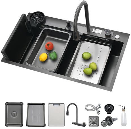 Ecoxsnz Fregadero de cocina en cascada, 68 x 45 cm, multifuncional, cascada, de acero inoxidable, con grifos extraíbles, color negro, fregadero de bar con lavaplatos, accesorios completos (negro, 50 x