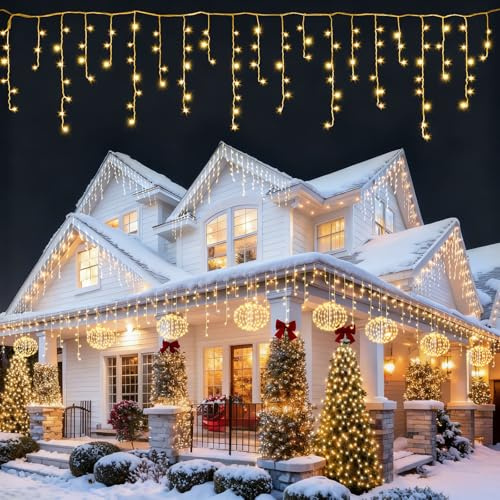 AGOTD Eisregen Lichterkette Außen Strom, 400 LED Lichtervorhang, Weihnachtsbeleuchtung Außen mit Timer 8 Modi Memory-Funktion für Weihnachten, Schlafzimmer, Party, Hochzeit, Balkon, Garten (Warmweiß)