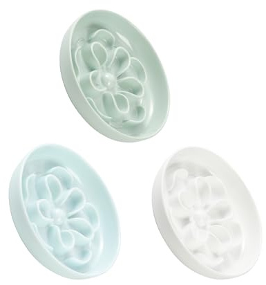 Gamelle Chat Anti Glouton Mélaminé - Gamelles à Alimentation Lente - Fleurs Labyrinthe - Compatible Lave-Vaisselle - Lot de 3 (Blanc, Vert et Bleu)