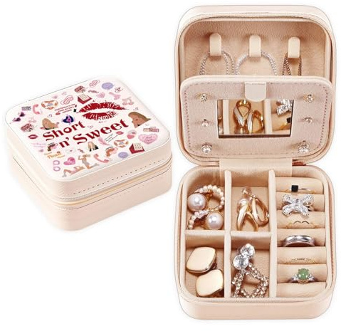 Fakcrkun Sabrinas Travel Jewellery Box, Music Lover Travel Organizer with Mirror, Portable Jewelry Storage Boxes Music Lovers Gift for Daily Vanity Use and Fan Gifting