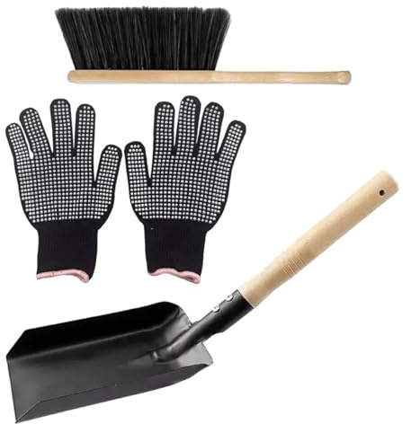 3 Teile/satz Kaminschaufel mit Kaminbesen und Handschuhen, Metall-Ascheschaufel mit Holzgriff für Feuerstelle, Herd, Holzofen, Besen, Bürste, Asche
