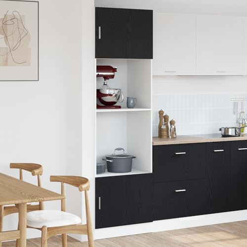 Mikrowellenschrank in Schwarzer Eiche 60x57x207 cm aus Holzwerkstoff mit Vier Fächern für Küchenartikel und Vorräte, Stauraum Lösung, Organizer, Elegantes Design, langlebiges
