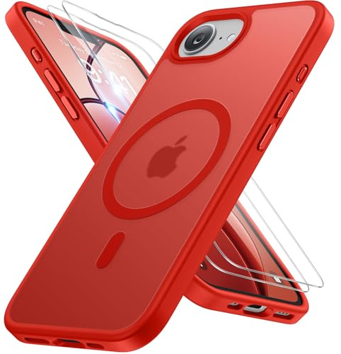 Miracase for iPhone 17e & 16e Case with MagSafe & 9H+Screen Protector, Red | TOP Military-Grade Protection & Strong Magnet Shockproof Scratch-Resistant with Velvet Touch for iPhone 17e/16e Cover 6.1