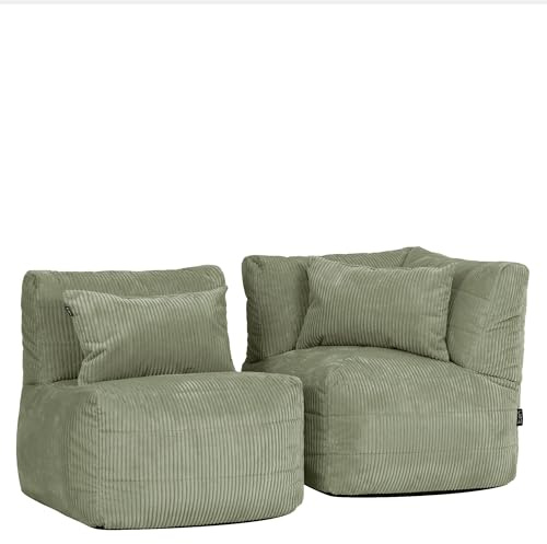 Icon Noa Modular Sofa für Erwachsene, Salbeigrün, Flauschiger Cordstoff, 2 Sitzer Ecksofa, Bequemer Bean Bag Sofa mit Füllung, Relaxsessel, Lounge, Wohnzimmer Möbel