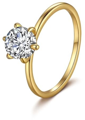 Goldringe Damen Echt Gold 585, Ringe Frauen Runder Solitärring mit 6 Krappen und 1ct Moissanit 14K Gelbgold Größe 54 (17.2)