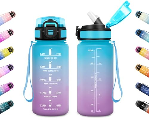 JAPORIA Bouteille 500ml, Gourde Motivation avec Paille et Marqueur de Temps, Étanche, Réutilisable, Légère, pour Randonnée, Yoga, Voyage