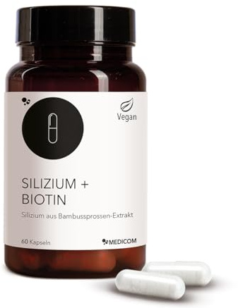 Medicom - Silizium + Biotin, Bambussprossen-Extrakt, 60 Kapseln, Vegan | Bambussprossen, Silizium, Biotin, Energiestoffwechsel,Nervensystem,Beauty,Keratinaufbau,Bindegewebe,Glutenfrei, Laktosefrei