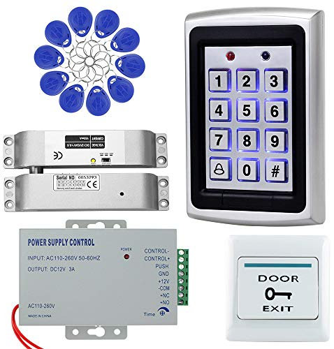 OBO HANDS Système Complet de Contrôle d'accès à Domicile Kit Metal 1000 Utilisateurs Clavier + DC 12V Verrouillage électrique + Alimentation 12V 3A + Bouton + 10pcs RFID Bleu 125KHz Porte-clés