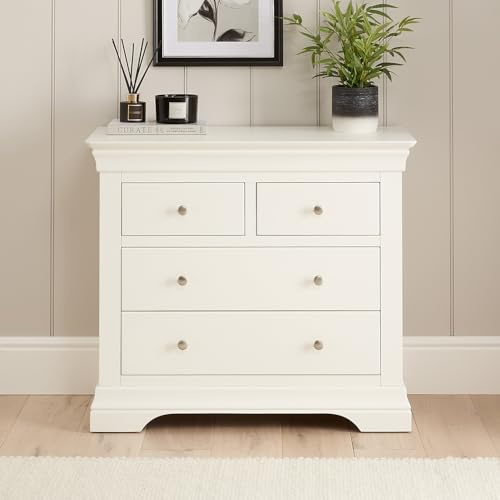 The Furniture Market Wilmslow White Painted 2 over 2 Drawer Chest - Elegant French Inspired Design, Satin Paint Finish, Bedroom Storage, No Assembly Required - H 810mm x W 930mm x D 445mm