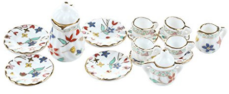 Bestlymood 15pcs Ustensiles de The Miniatures en Porcelaine pour Maison de Poupees - Motifs de Fleurs Colorees