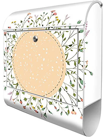 banjado® Design Briefkasten mit WT Blumenkranz 38,5x46,5x13cm & 2 Schlüssel - Briefkasten Stahl weiß mit Zeitungsfach pulverbeschichtet - Postkasten A4 Einwurf inkl. Montagematerial