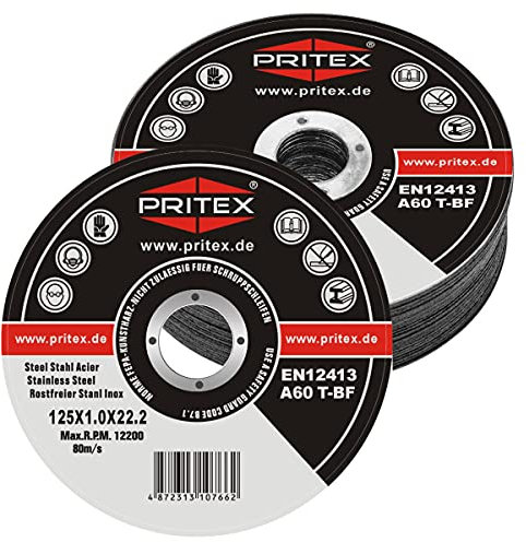 PRITEX – 50 Stück Trennscheiben 125 x 1.0 mm Metall – gerade Flexscheiben zum Schneiden von Stahl, Edelstahl, Eisen & Blech – extra dünne Scheiben für alle gängigen Winkelschleifer geeignet