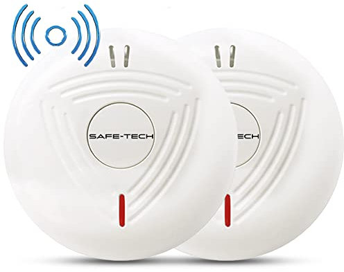 SAFE TECH Wireless Interconnected Smoke Alarm, Smoke Detector 10 Year Battery with Photoelectric Sensor, Fire Alarm with LED Indicator Low Battery and Fault Warning for House and Bedroom, 2 Pack