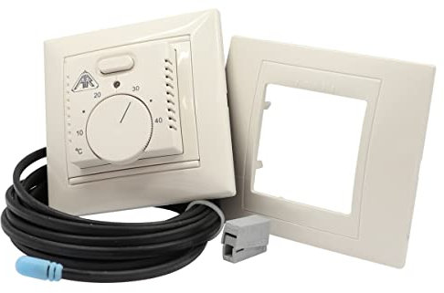 WITTKOWARE ST-AR16/SL (JL1819) Fussbodenheizung-Thermostat mit Drehregler und Schalter, für UP Doseneinbau, komplett mit Bodenfühler, manuell, 16A/230V~, cremeweiß, mit Zusatzrahmen 90x80mm