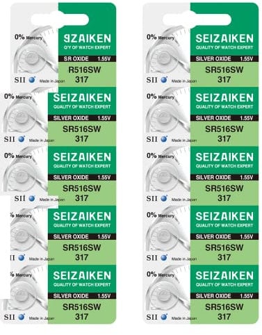 Seizaiken 317 SR516SW 1.55V 0% Hg Silver Oxide Watch Battery (10 Batteries) Made in Japan by Seiko