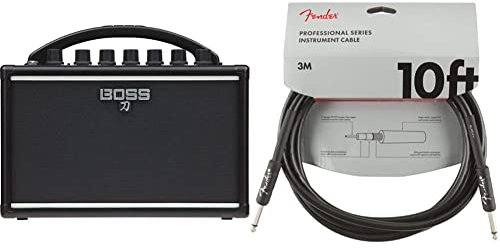 Amplificador de Guitarra portátil BOSS KTN-Mini Katana — Un Amplificador Compacto y superportátil a Pilas; Sonido nítido y Redondo + Fender Professional Series Cable de transmisión (3 m), Color Negro