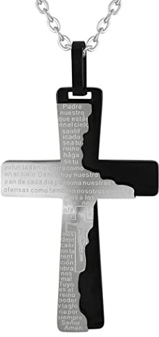 Hanessa Personalisierte Kette mit Gravur Edelstahl 45-60 cm - Kreuz mit Gebet Vater unser in Spanisch in schwarz/silber - Halskette für Männer - Personalisierter Schmuck Herren