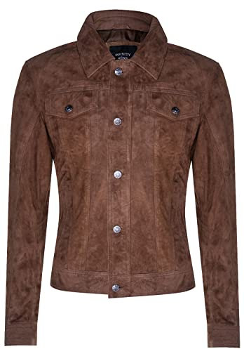 Men's Tobacco Goat Suede Jeans Jacket Trucker Casual Denim Leather Brown Shirt 5XL