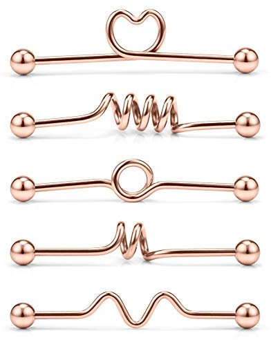 Longbeauty 5 Pcs Industrial Barbell Ohrring Edelstahl Piercing Bars Set 14 Gauge Knorpel Ohrring Körper Piercing Stab 38mm Spule/Welle/Twister/Spirale/Herz, Rosegold
