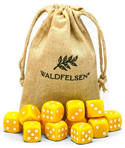 Waldfelsen 6, 12, 20, 30 oder 50 hochqualitative Würfel Standardgröße 16 mm Acrylwürfel Knobel Spielwürfel Dice 6-seitig sechsseitig Spielzubehör Set mit Stoffbeutel (Gelb, 12 Stück)