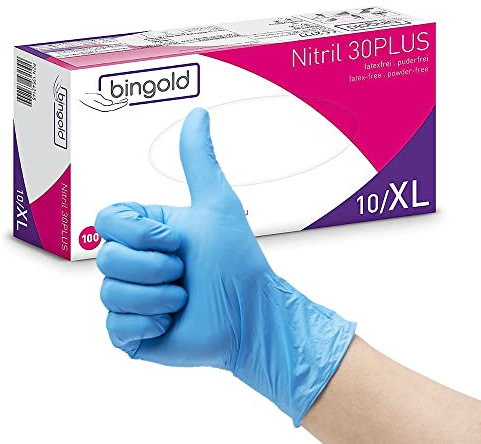 Generisch BINGOLD Nitril 30PLUS Einmalhandschuhe, Nitrilhandschuhe, 10x100 Stück, 1000 Stück, Größe XL, blau, puderfrei, latexfrei, unsteril, lebensmittelecht