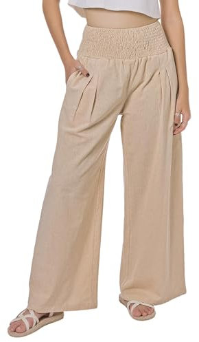 Lofbaz Damen Sommer Fließend Baumwolle Leinen Palazzo Weite Hosen Strand Hohe Taille Hose Boho Lange Loungehose mit Taschen Khaki L