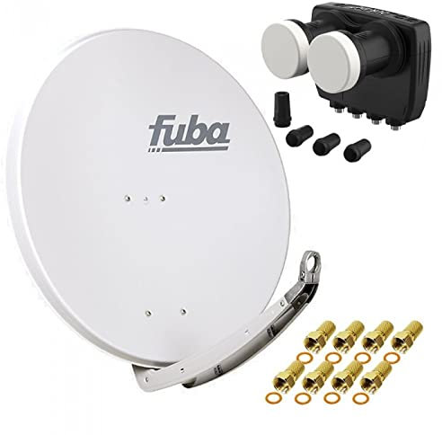 Digital Sat Anlage 2 Satelliten Astra/Hotbird - 4 Teilnehmer | Fuba DAA850G Sat Schüssel 85cm hellgrau + DUR-line MB6-QS Monoblock Quad LNB 6° (DVB-S2, HDTV, 4K/8K, 3D) + 8xF-Stecker vergoldet