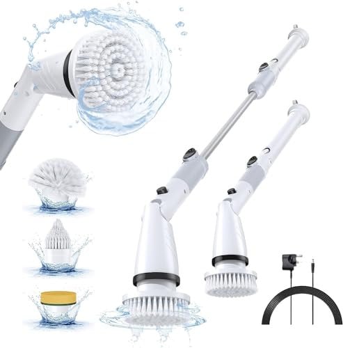 Kavolet Cepillo eléctrico giratorio, cepillo de limpieza inalámbrico para baño con batería de 4000 mAh, limpiador sónico con brazo de extensión ajustable y 5 cabezales reemplazables para baño, cocina,