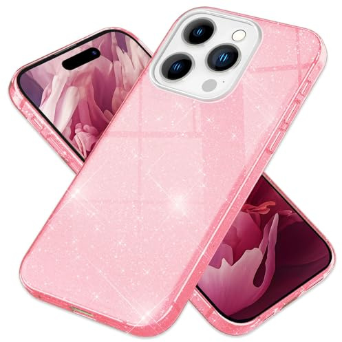 NALIA Glitzerhülle für iPhone 15 Pro - Grip - Hülle, Pink | Partikel fest im Material eingeschlossen, 3-Schicht-Schutzaufbau mit Hardcase-Kern, Erhöhter Kamerarand, SHINEPOP