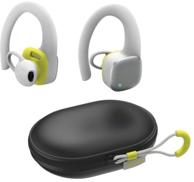 Hama Bluetooth Sportkopfhörer (In Ear Sportkopfhörer mit Ohrbügel, Kopfhörer kabellos mit 35 h Akku, TWS Kopfhörer mit Wasserschutz IPX5, schweißfest, Tastensteuerung) Weiß/Gelb
