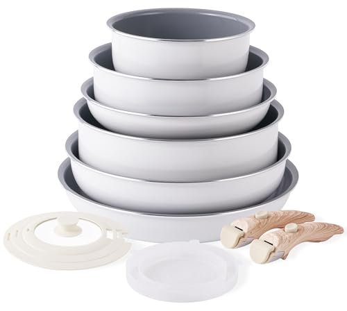 Ceramic Pots and Pans Set Nonstick - 18 PCS Kitchen Cookware Sets Detachable Handle Pot and Pan Set Removable Handle Camping Cooking Set, Oven Safe Non Toxic Frying Pans for Cooking Pot Set Gift
