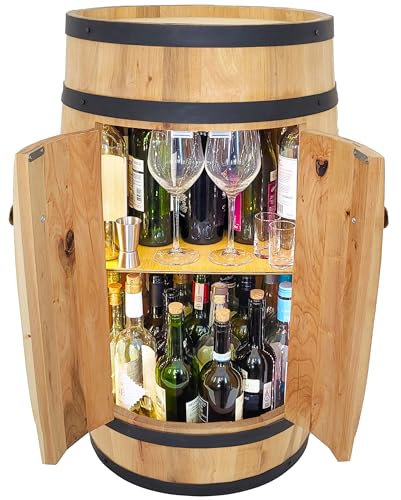 weeco Holzfass bar mit Türen + LED Beleuchtung, Schrank, Regal für Alkohol, Flaschenhalter, Weinregal, Weinhalter, Bar für Wein, Schrank für Wein