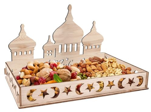 Ramadan Teller Eid Mubarak Tablett Holztablett Tischdeko für Dessertsnacks Serviertablett mit Mond und Stern Muster Ramazan Deko für Eid-Tische und Kareem Partei (Schloss)
