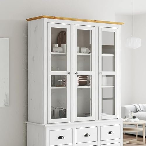 ZEYUAN Vitrinenschrank mit Glastüren BODO Weiß und Braun Kiefernholz, Glasvitrine, Vitrinenschrank, Schrank, Display Case, Sammlervitrine, Glassvitrinenschrank