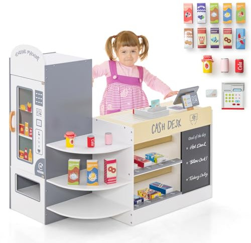 DREAMADE Kasse Kaufladen Kinder, Kaufmansladen Holz mit realistischer Kasse & Verkaufsautomat, Spiel-Supermarkt mit 15 Zubehör & Kreidetafel, Verkaufsstand Spielzeug Set für Kinder ab 3 Jahren (Weiß)
