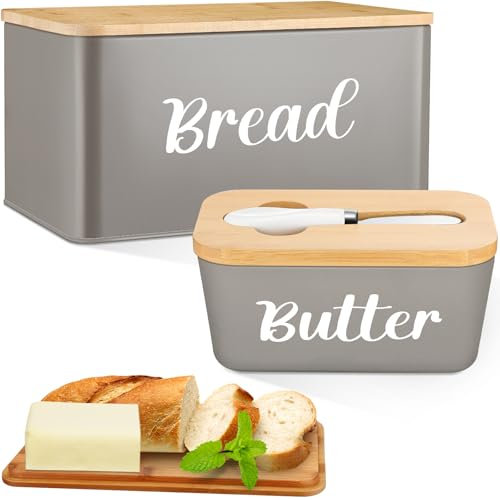 Hushee Metal Bread Box and Butter Dish with Bamboo Cutting Board Lid and Knife Bread Storage Container Breadbox for Kitchen Counter Butter Organizer for Kitchen Countertop Decoration(Gray)