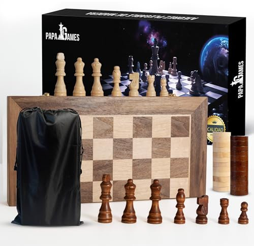PapaGames (2 en 1) Ajedrez Madera Plegable + Damas, Ajedrez Magnetico Staunton 39x39cm +2 Reinas Extra, Ajedrez para Niños de Madera de Nogal Ideal para Regalar