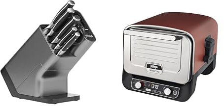 Bloc-couteaux Ninja Foodi StaySharp avec Affûteur, 6 Pièces Aiguisés, en Acier Inoxydable, K32006EU + Ninja Woodfire Four à pizza extérieur électrique 8-en-1, rotissoire & fumoir barbecue, OO101EU