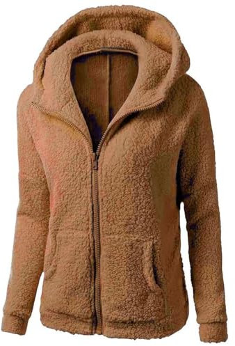 AMDOLE Damen-Kapuzenpullover mit Reißverschluss, leicht, mit Fleece gefüttert, für Herbst und Winter, bequem, warm, Übergröße, Sherpa-Jacke mit Taschen, B-Kaffee, S