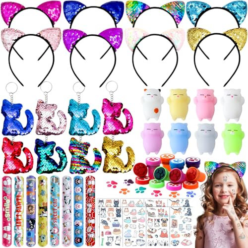 G.C Katzen Mitgebsel Kindergeburtstag Pinata Geburtstag Mädchen mit Pailletten Katzenohren Stirnband und Schlüsselanhänger Tattoo Katze Give Aways Gastgeschenk Mitbringsel Kindergeburtstag Mädchen