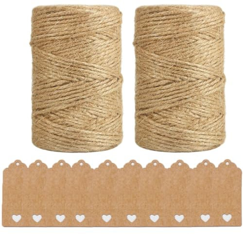 Lot de 2 ficelles de jute de 100 m, 2 mm de ficelle de jute naturelle, ficelle de jardin avec 10 étiquettes cadeaux en papier kraft, corde de jute naturelle pour emballage cadeau, jardinage,
