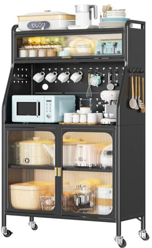 BYYBOU Buffetschrank Küchenschrank Hochschrank Schrank Küche Mehrzweckschrank 86cm Breit mit Rad, Vorratsschrank Küchenbuffet Mutfak Dolabı mit verstellbare Regal und Türen Schwarz (86x36x162cm)