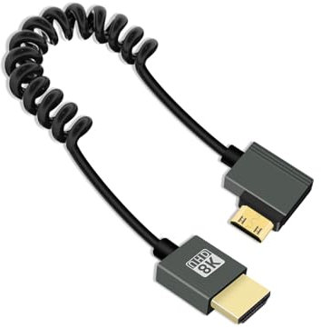 YANBORONSN 8K Mini HDMI Coiled Cable,90 Degree Left Angle Spring Spiral Mini HDMI 2.1 Cable Supports 8K@60Hz 48Gbps, for Camera,TV,Tablet 2.2Ft