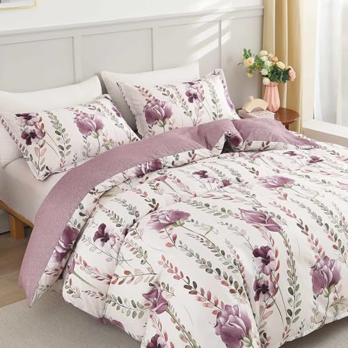 Purple Floral Duvet Cover Set King Size Bedding Quilt Cover White and Purple Reversible 3Pcs Soft Microfiber Bedding Set with 2 Pillowcases(King, 220x230cm)